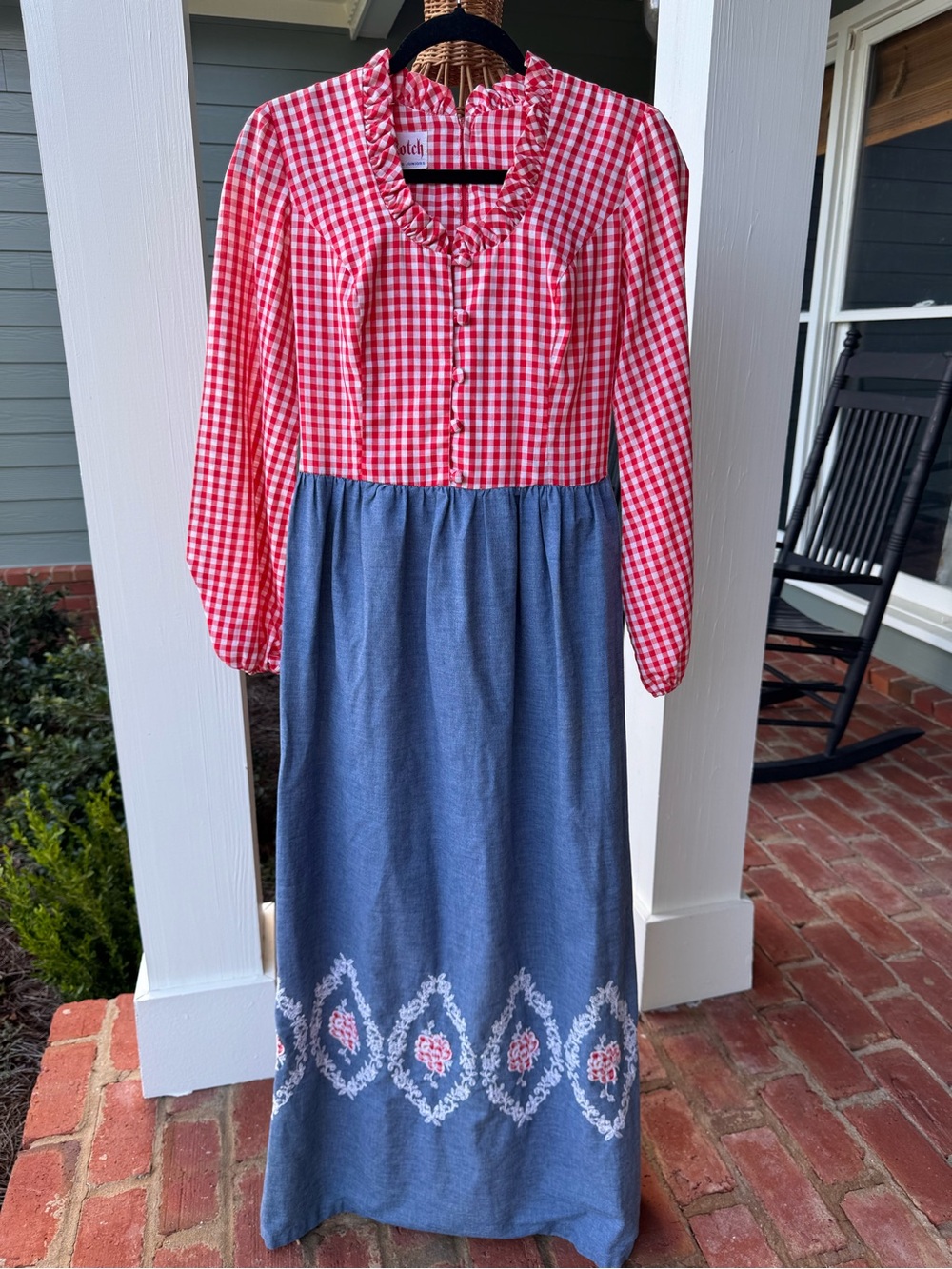 Vintage 70s Top Notch Gingham Chambray Prairie Maxi Dress Embroidered